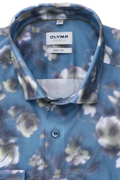 OLYMP Level Five body fit Hemd extra langer Arm New Kent Kragen Blumenmuster blau
