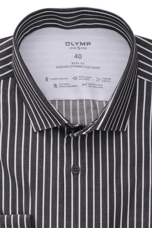 OLYMP Level Five 24/Seven body fit Hemd Langarm New Kent Kragen Streifen schwarz