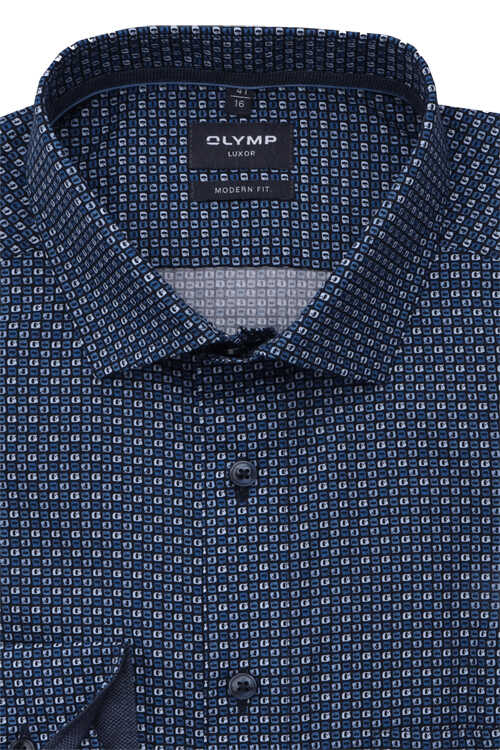 OLYMP Luxor modern fit Hemd extra langer Arm New Kent Kragen Muster dunkelblau