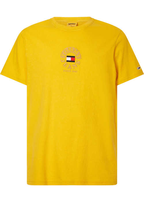 TOMMY JEANS Kurzarm T-Shirt Rundhals Front-Logo-Stick senfgelb