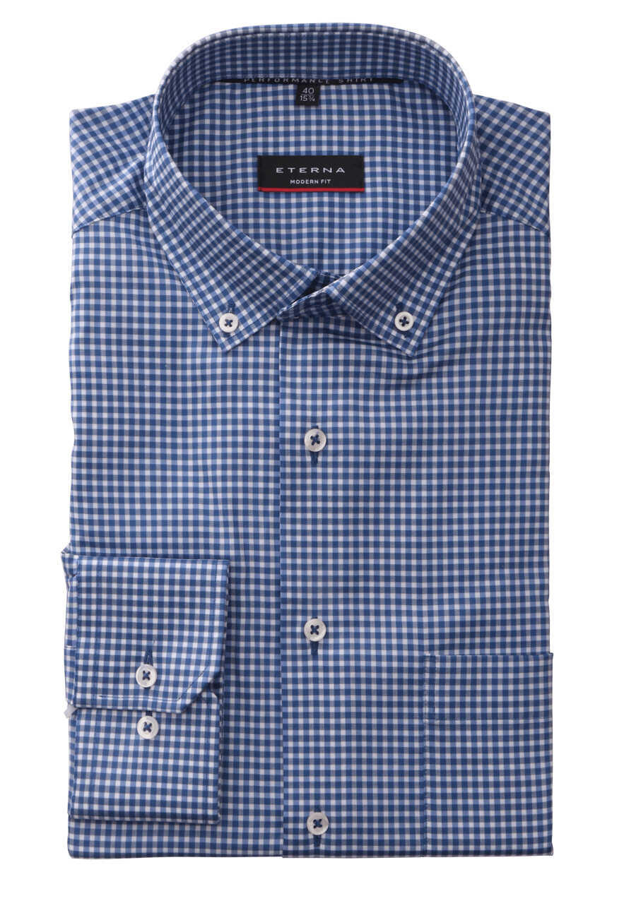 ETERNA Modern Fit Hemd super langer Arm Button Down Kragen Karo blau