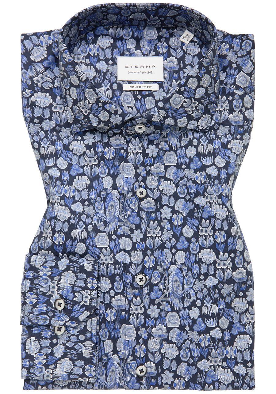 Produktbild f�r 'ETERNA Comfort Fit Hemd extra kurzer Arm New Kent Kragen Muster blau'