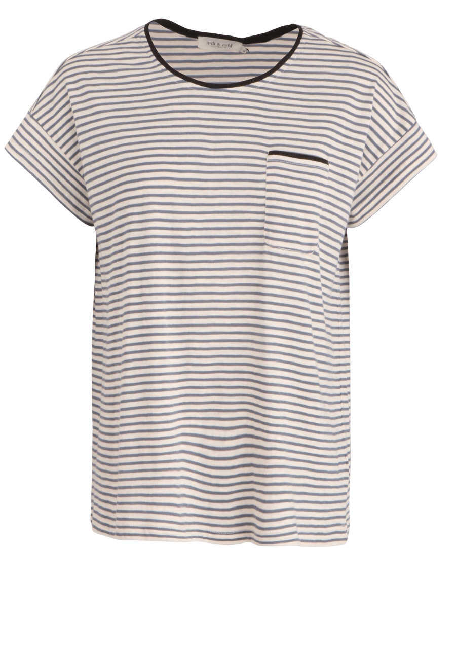 Produktbild fr 'INDI & COLD Kurzarm T-Shirt Rundhals Brusttasche reine Baumwolle Ringel blau'