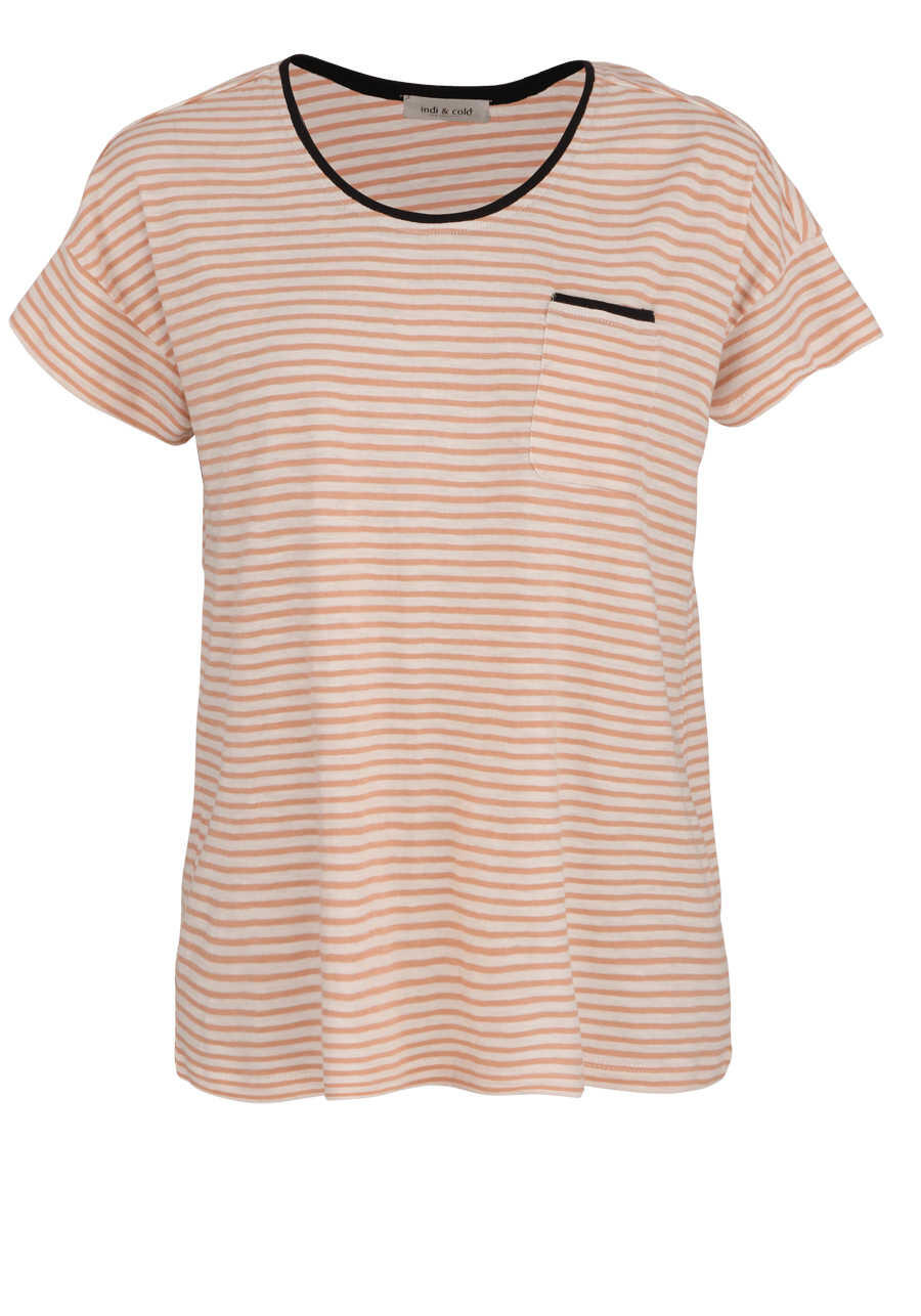 Produktbild fr 'INDI & COLD Kurzarm T-Shirt Rundhals Brusttasche reine Baumwolle Ringel orange'