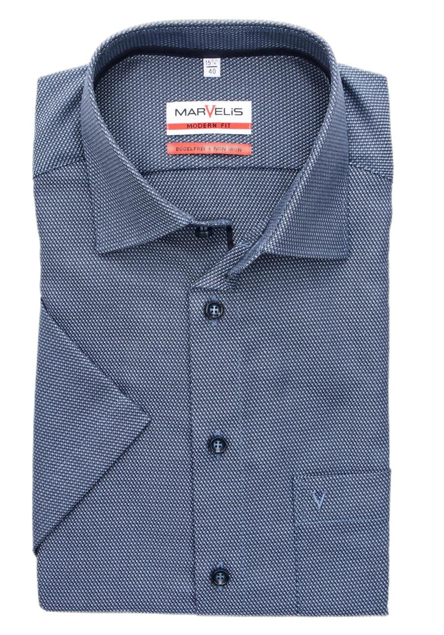 MARVELIS Modern Fit Hemd Halbarm New Kent Kragen Muster dunkelblau