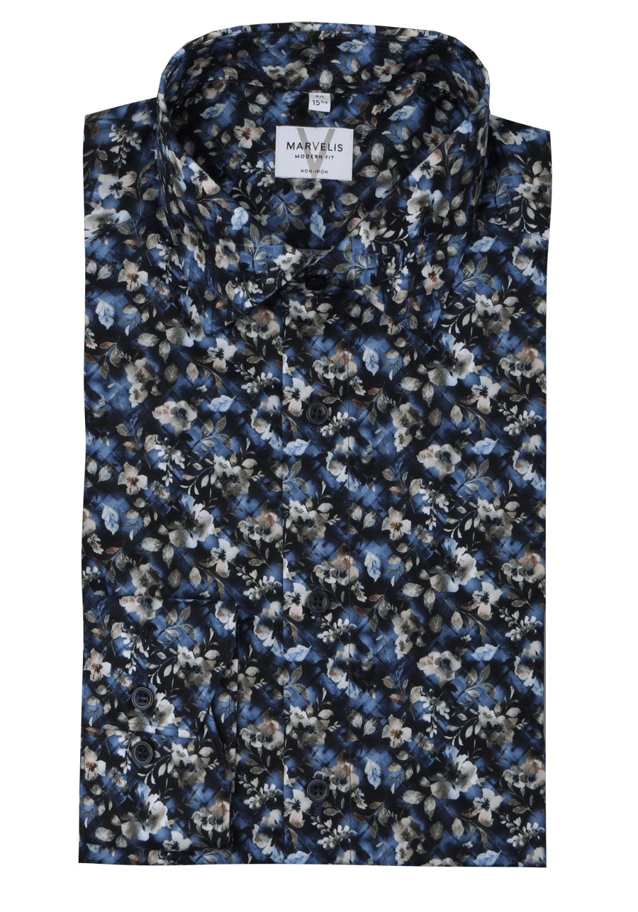 Produktbild f�r 'MARVELIS Modern Fit Hemd Langarm New Kent Kragen Blumenmuster dunkelblau'