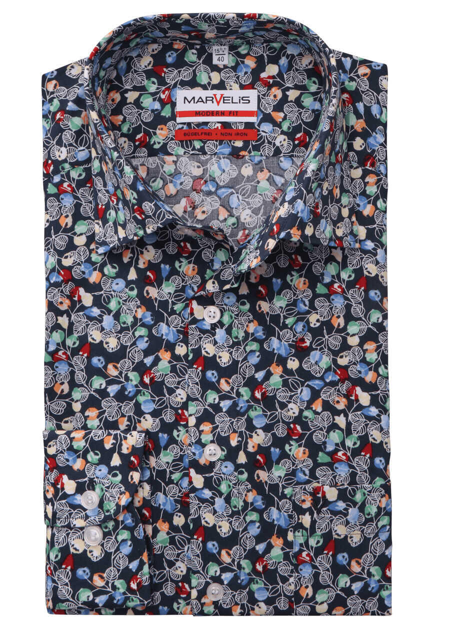 MARVELIS Modern Fit Hemd Langarm New Kent Kragen Muster navy