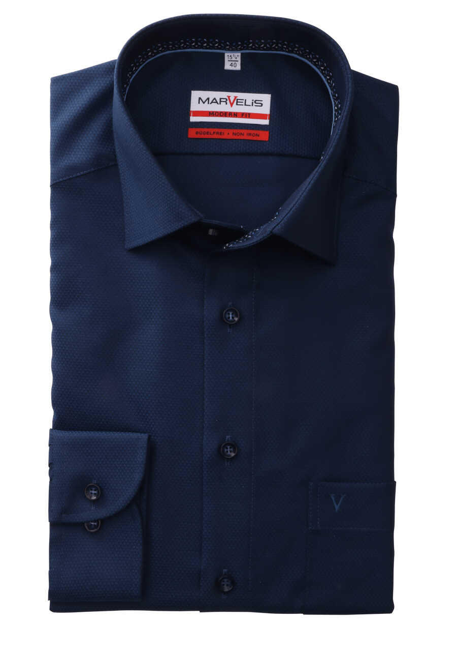 MARVELIS Modern Fit Hemd Langarm New Kent Kragen Struktur navy