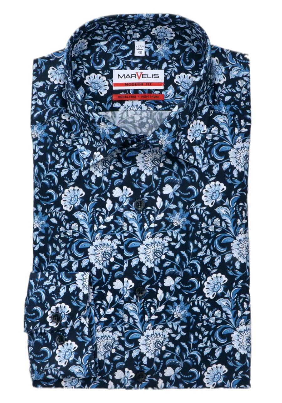 MARVELIS Modern Fit Hemd extra langer Arm New Kent Kragen Blumenmuster blau