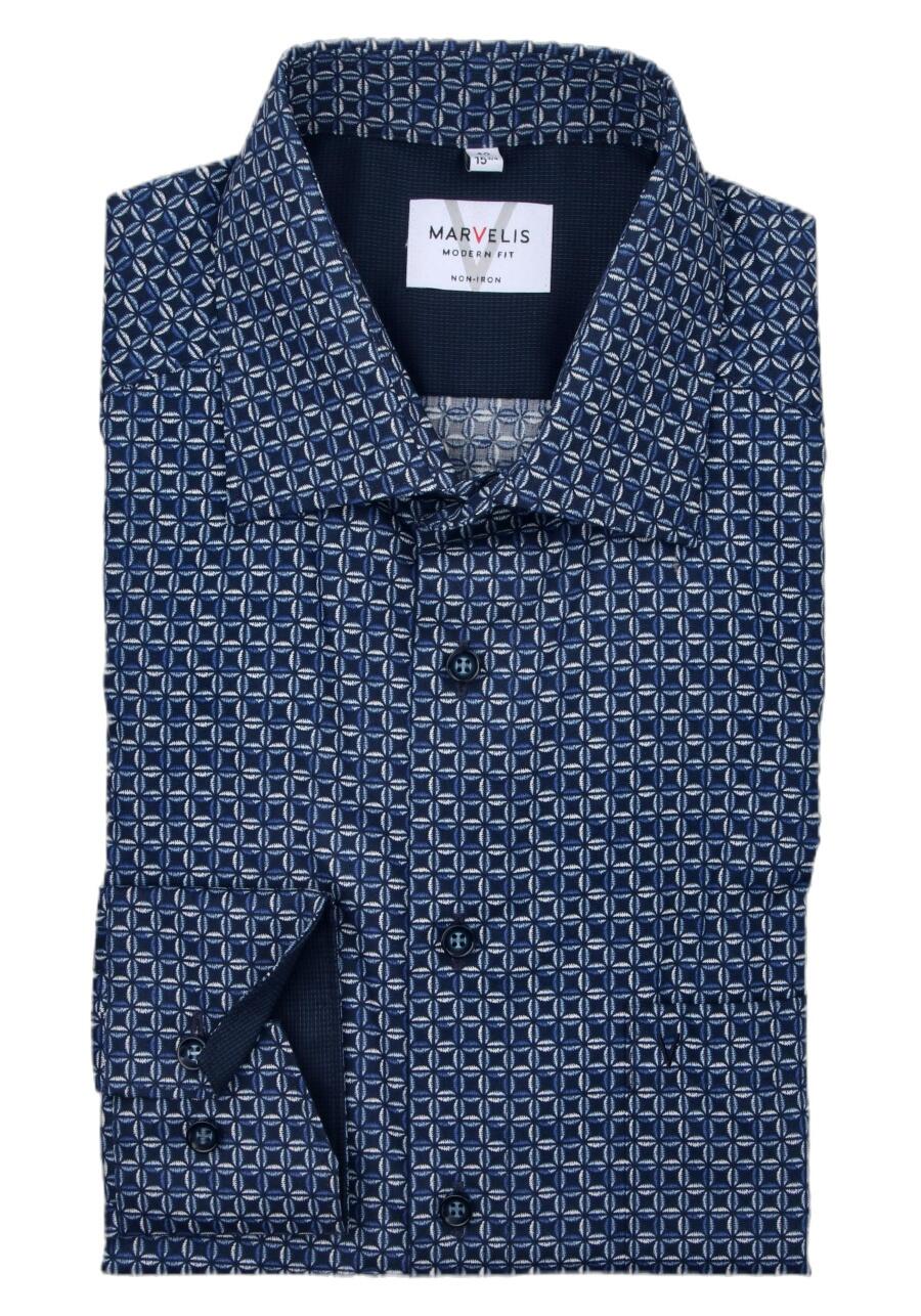 Produktbild fr 'MARVELIS Modern Fit Hemd extra langer Arm New Kent Kragen Muster dunkelblau'