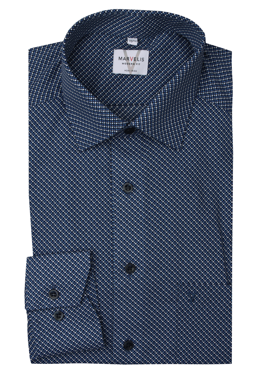 Produktbild fr 'MARVELIS Modern Fit Hemd extra langer Arm New Kent Kragen Muster dunkelblau'