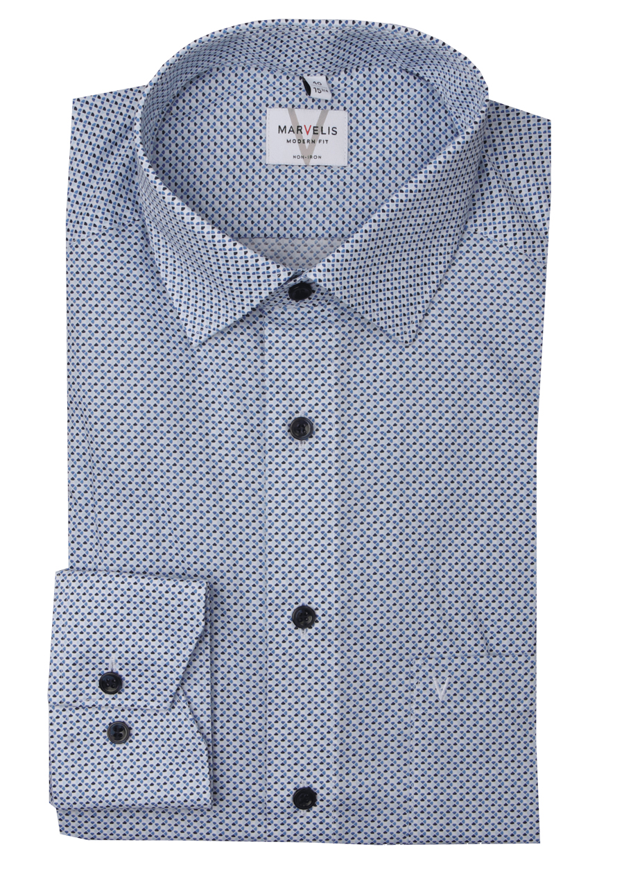 Produktbild fr 'MARVELIS Modern Fit Hemd extra langer Arm New Kent Kragen Muster hellblau'