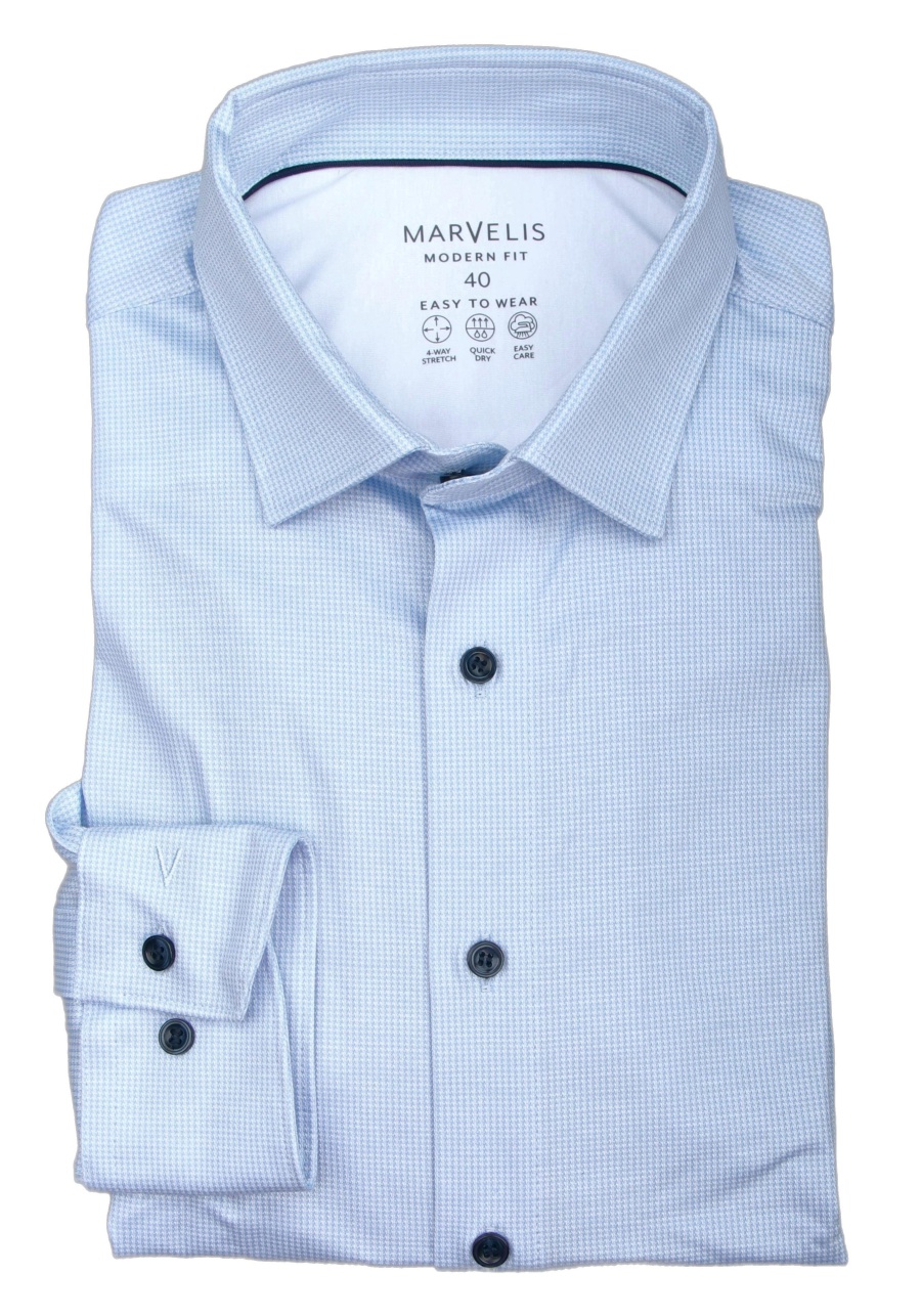 MARVELIS Modern Fit Hemd extra langer Arm New Kent Kragen Jersey Muster hellblau