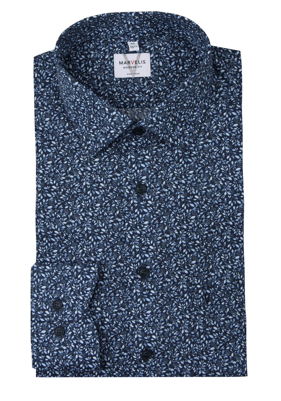 Produktbild f�r 'MARVELIS Modern Fit Hemd extra langer Arm New Kent Kragen Blumenmuster dunkelblau'