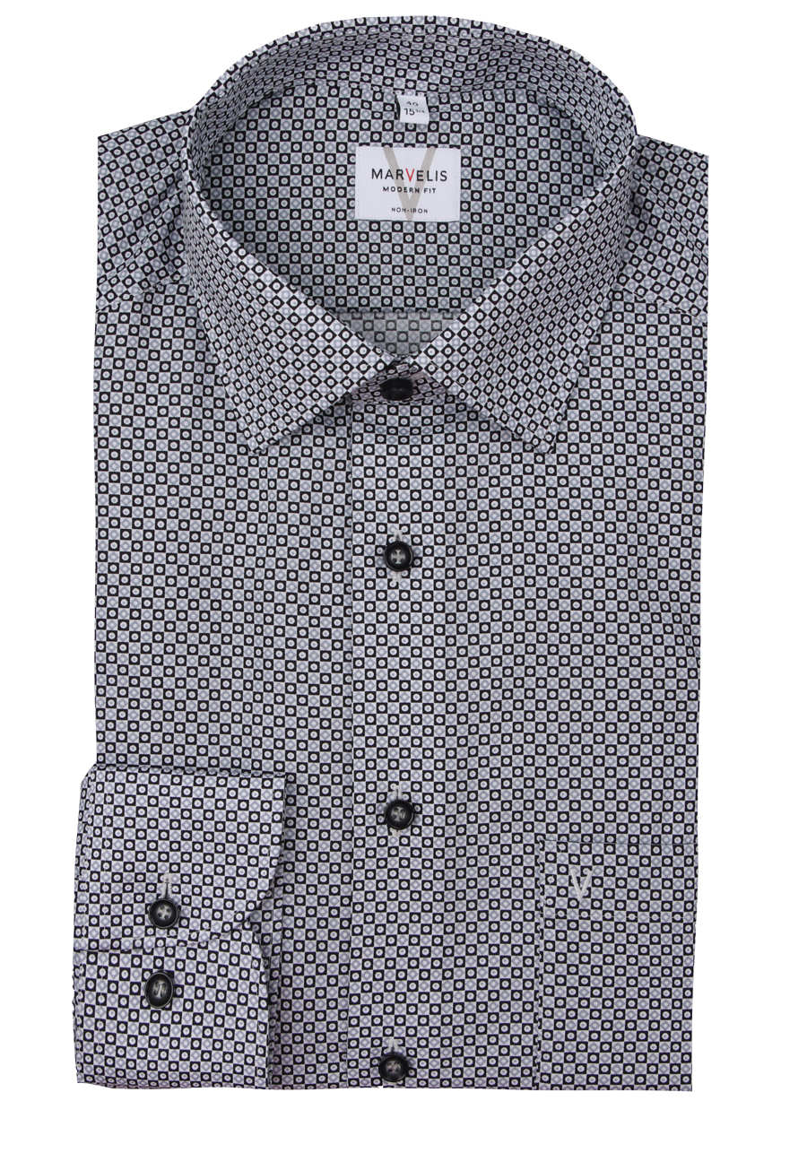 Produktbild f�r 'MARVELIS Modern Fit Hemd Langarm New Kent Kragen Muster schwarz'