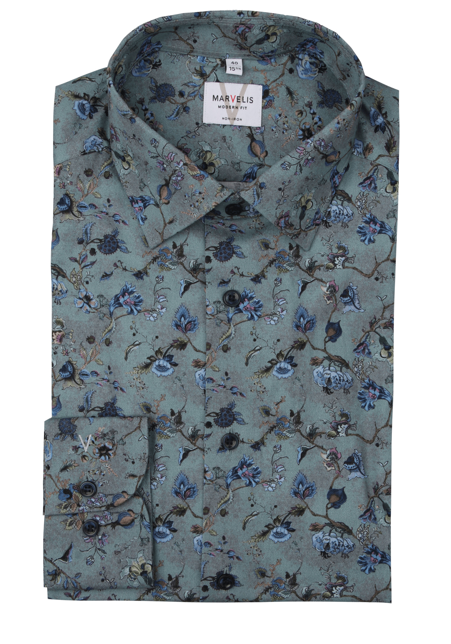 Produktbild f�r 'MARVELIS Modern Fit Hemd Langarm New Kent Kragen Muster gr�n'