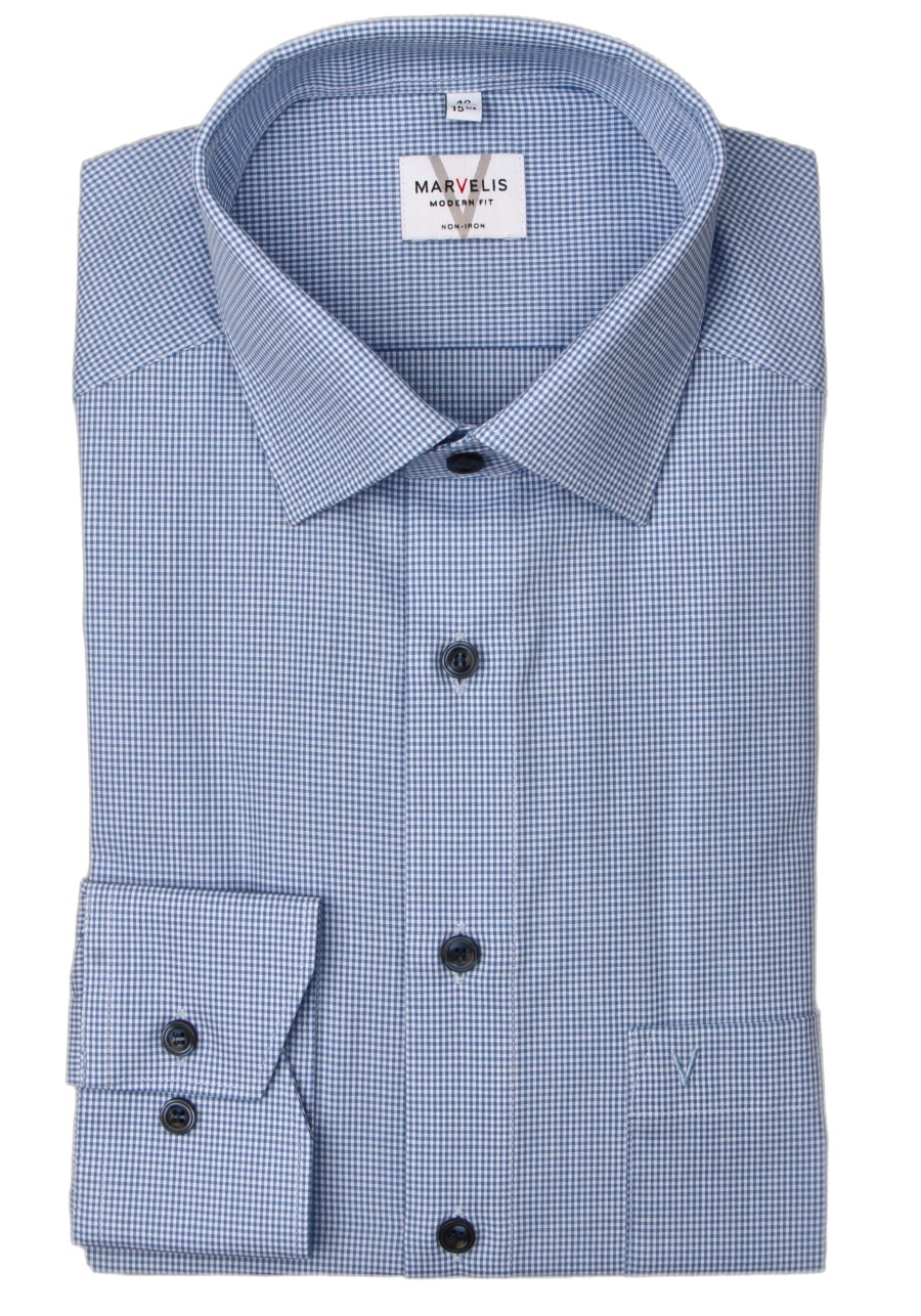 Produktbild fr 'MARVELIS Modern Fit Hemd Langarm New Kent Kragen Karo mittelblau'
