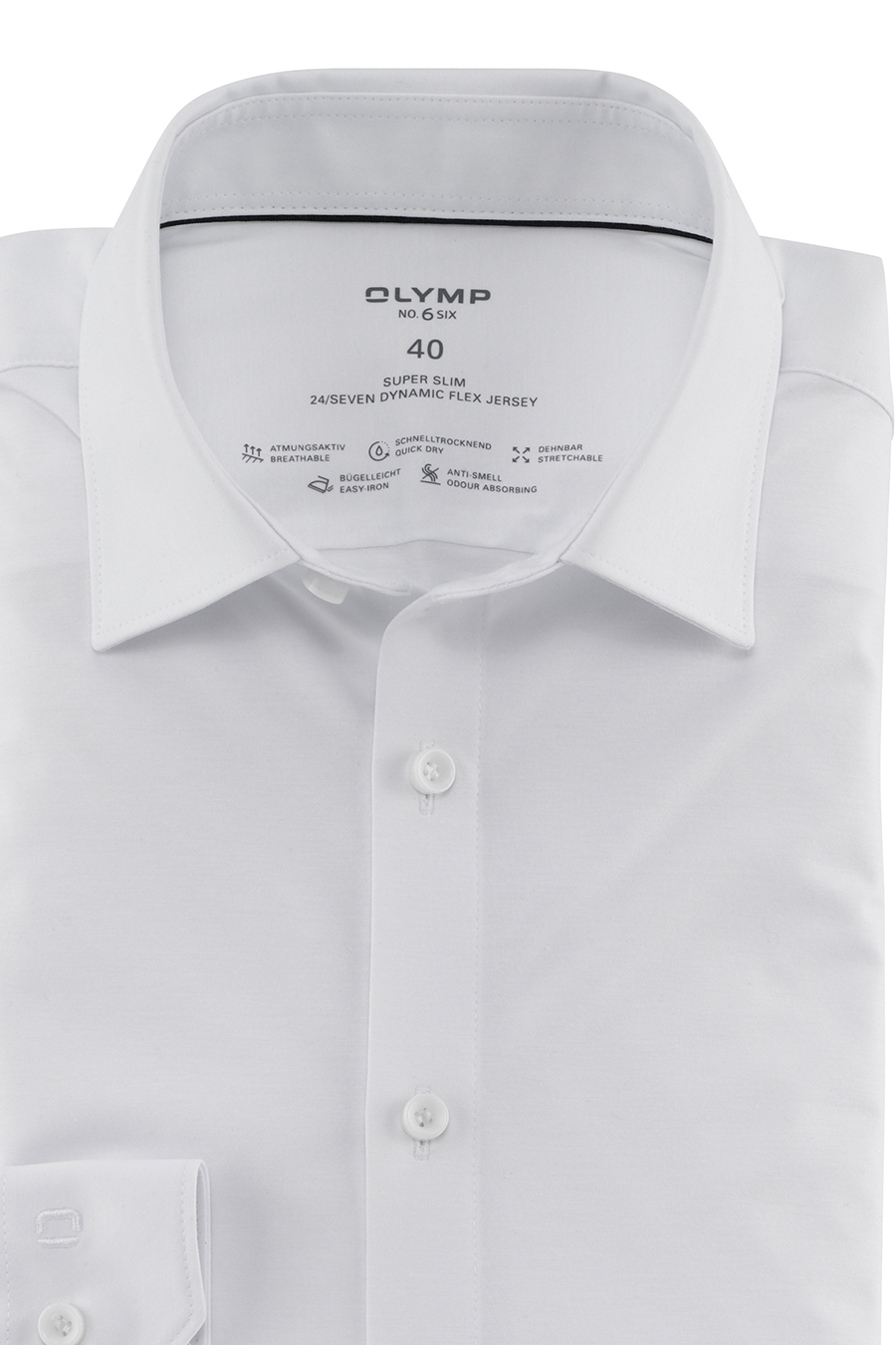 OLYMP No. Six 24/Seven super weiß Jersey slim Haifischkragen extra Arm Businesshemd langer