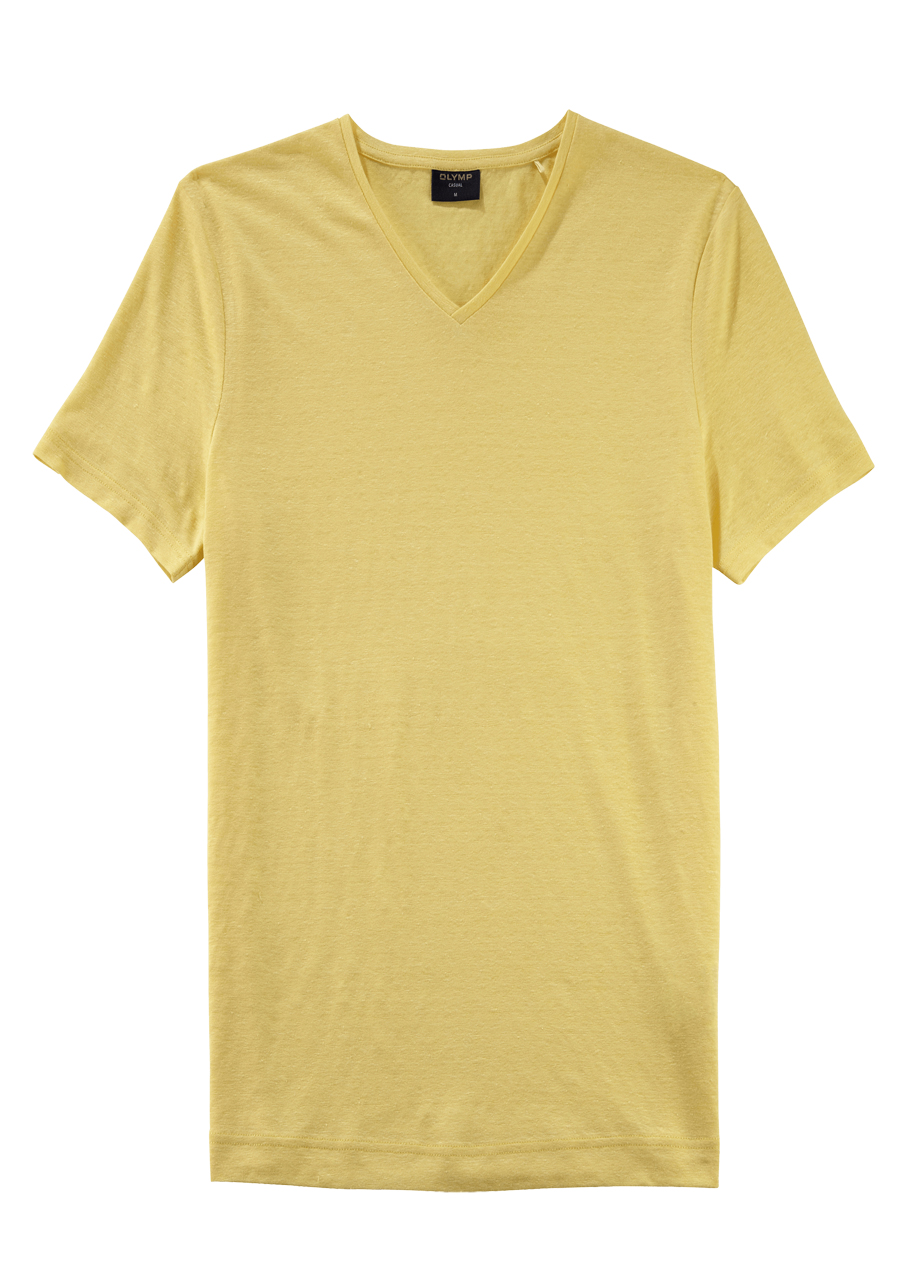 Produktbild fr 'OLYMP Regular Fit T-Shirt Halbarm geknpfter V-Ausschnitt Leinenmix gelb'