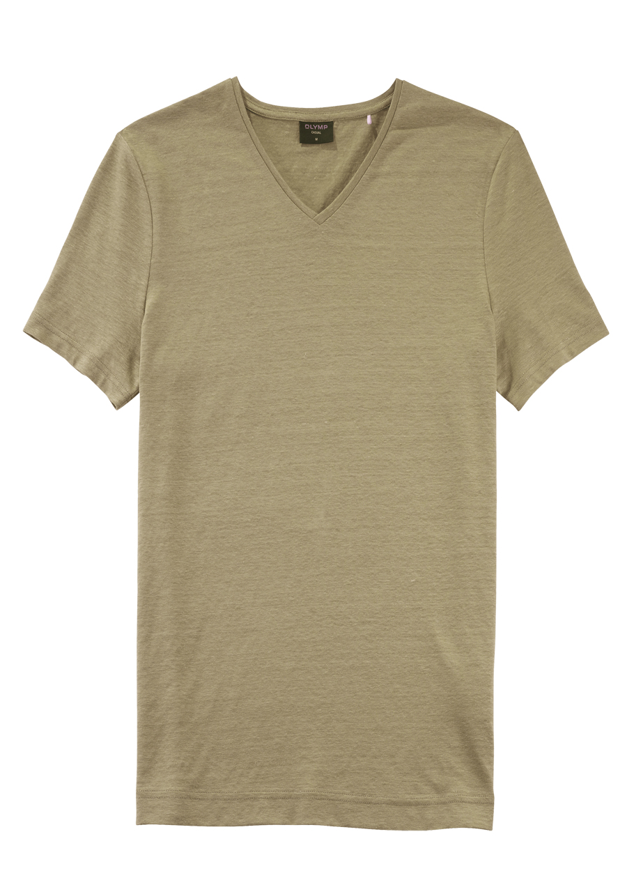 Produktbild fr 'OLYMP Regular Fit T-Shirt Halbarm geknpfter V-Ausschnitt Leinenmix hellbraun'