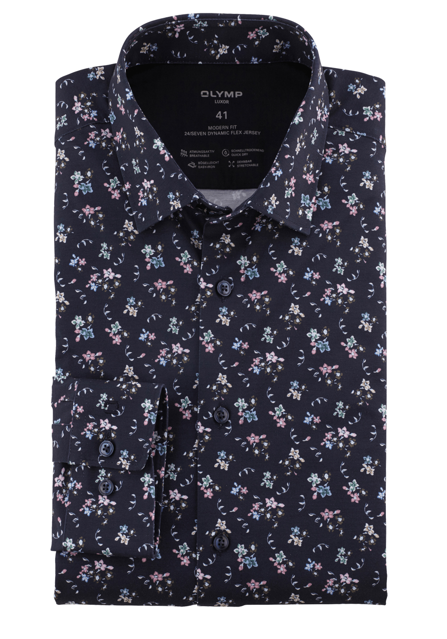 Produktbild fr 'OLYMP Luxor modern fit 24/Seven Hemd Langarm New Kent Kragen Muster dunkelblau'