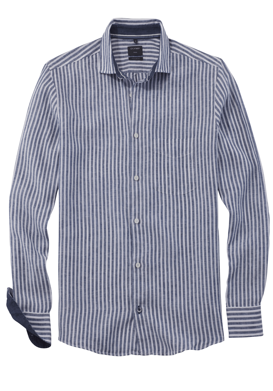 Produktbild fr 'OLYMP Casual regular fit Hemd Langarm New Kent Kragen Leinen Streifen dunkelblau'