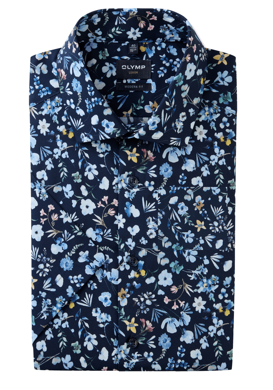 Produktbild fr 'OLYMP Luxor modern fit Hemd Halbarm New Kent Kragen Blumenmuster dunkelblau'