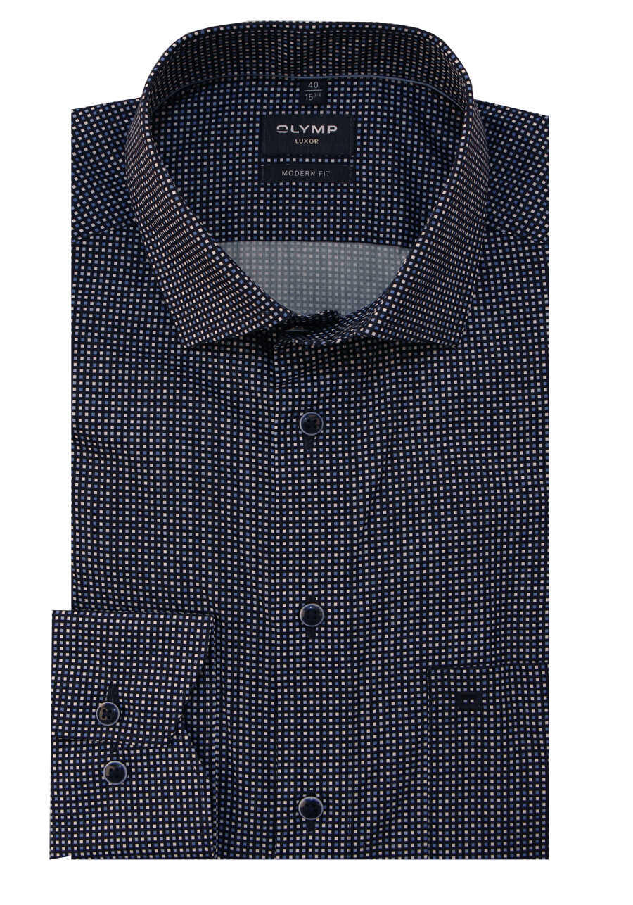 OLYMP Luxor modern fit Hemd Langarm New Kent Kragen Muster blau