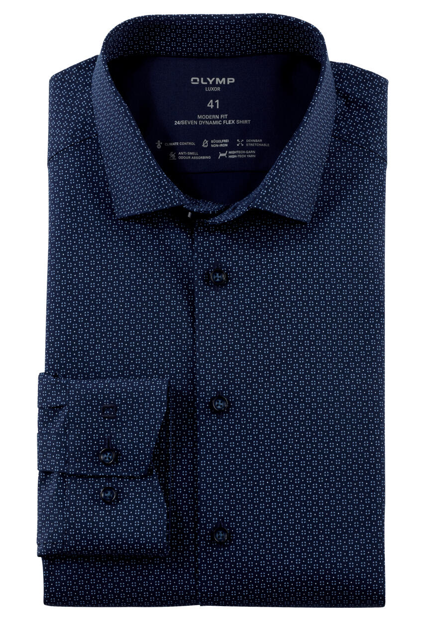 Produktbild fr 'OLYMP Luxor modern fit Hemd extra kurzer Arm New Kent Kragen Muster dunkelblau'