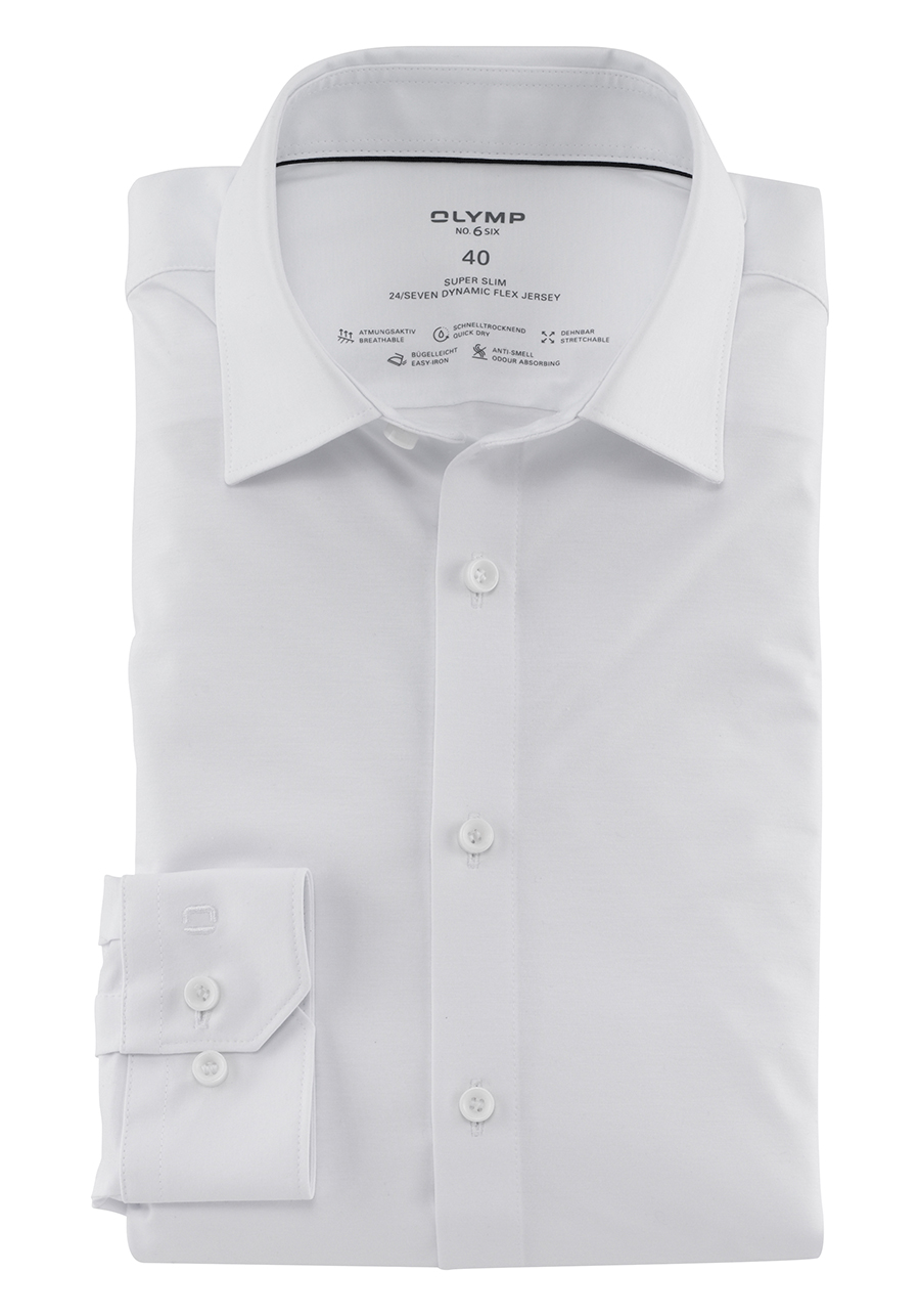 OLYMP No. Six 24/Seven super slim Businesshemd extra langer Arm  Haifischkragen Jersey weiß | Businesshemden