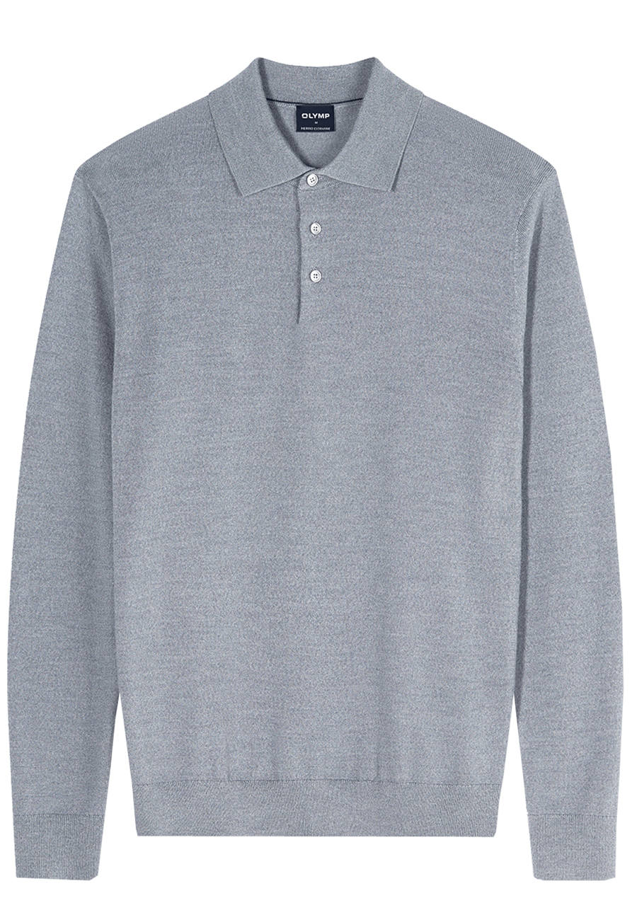 Produktbild f�r 'OLYMP Polo Langarm Strick Merinowolle grau'