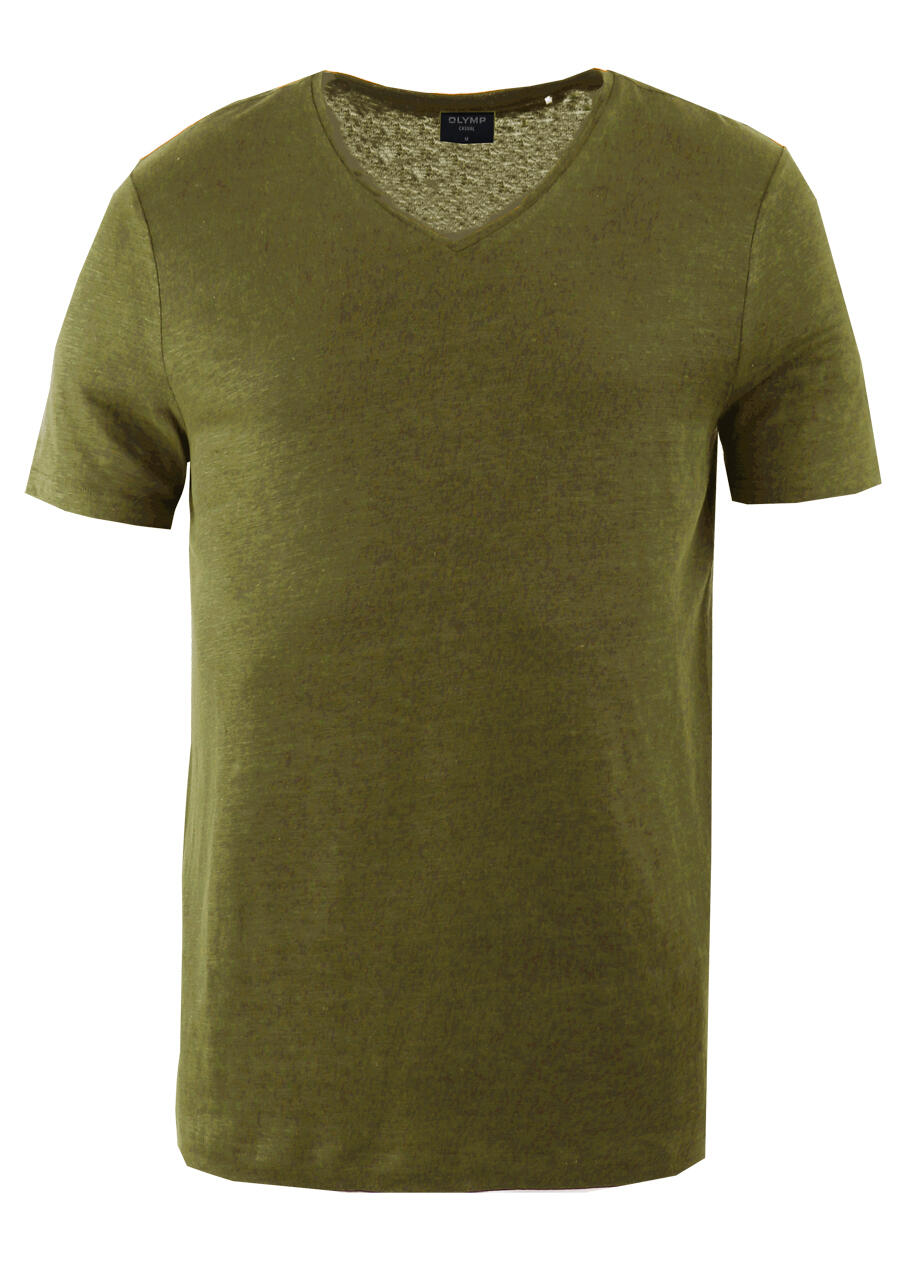 Produktbild fr 'OLYMP Regular Fit T-Shirt Halbarm geknpfter V-Ausschnitt Leinenmix oliv'