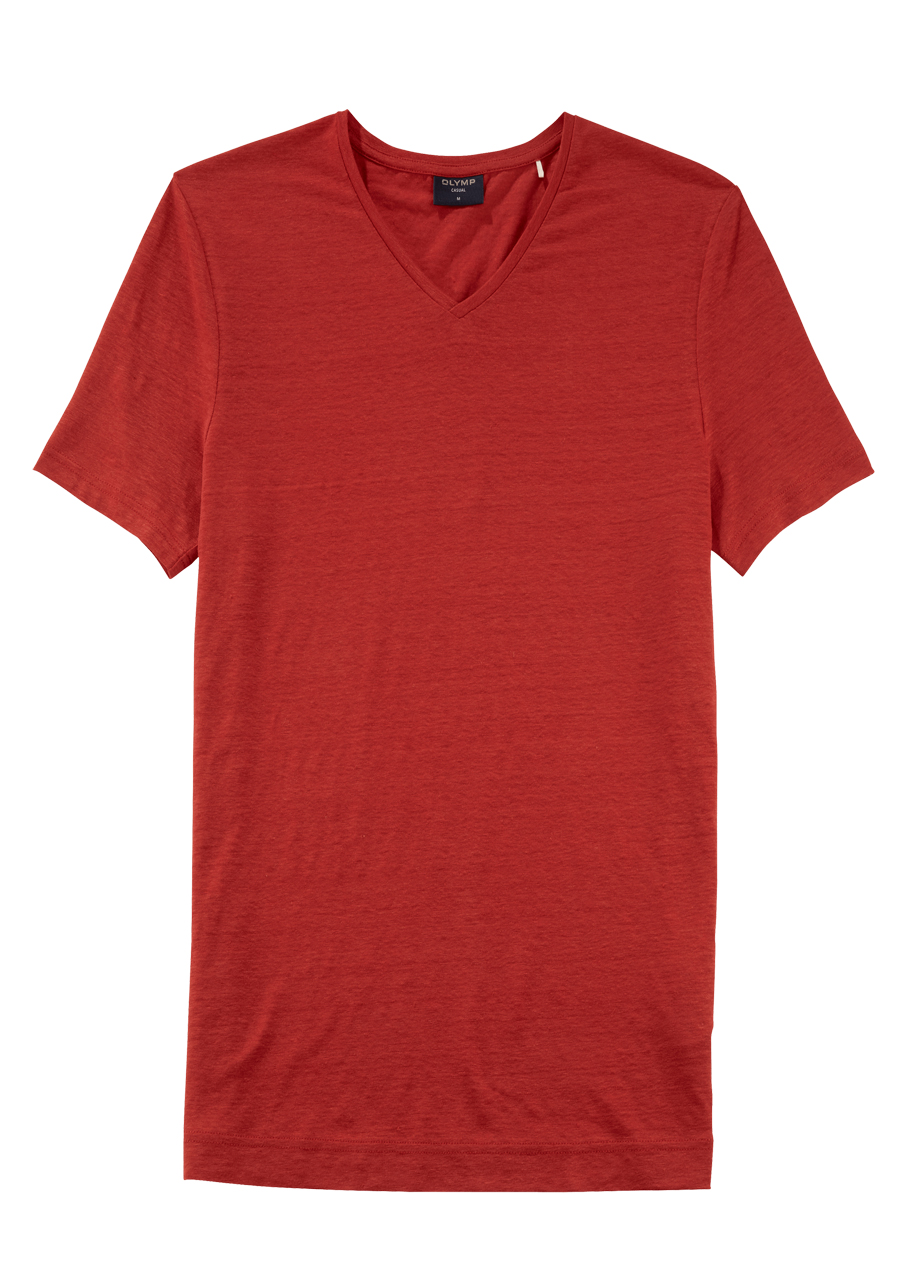 Produktbild fr 'OLYMP Regular Fit T-Shirt Halbarm geknpfter V-Ausschnitt Leinenmix rot'