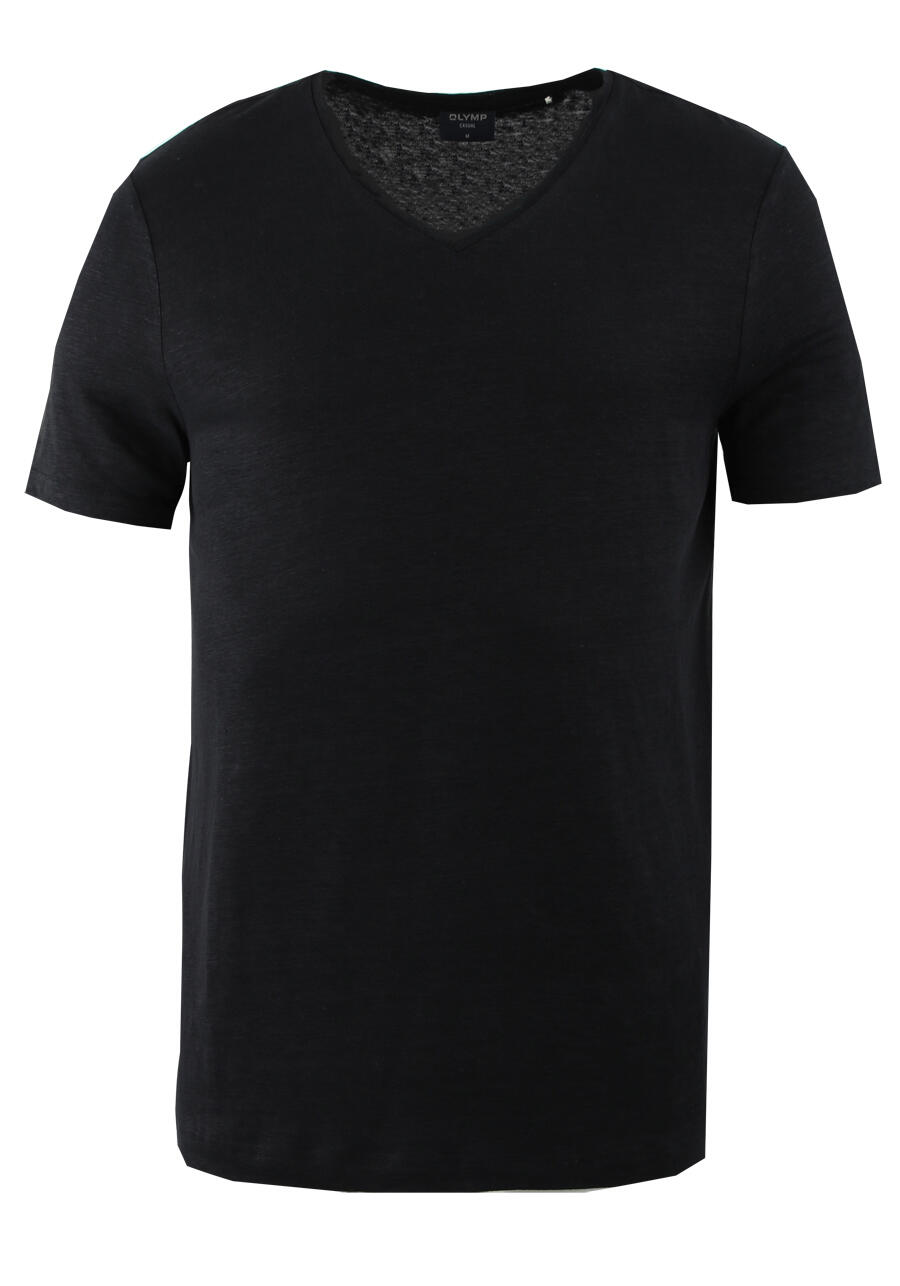 Produktbild fr 'OLYMP Regular Fit T-Shirt Halbarm geknpfter V-Ausschnitt Leinenmix schwarz'