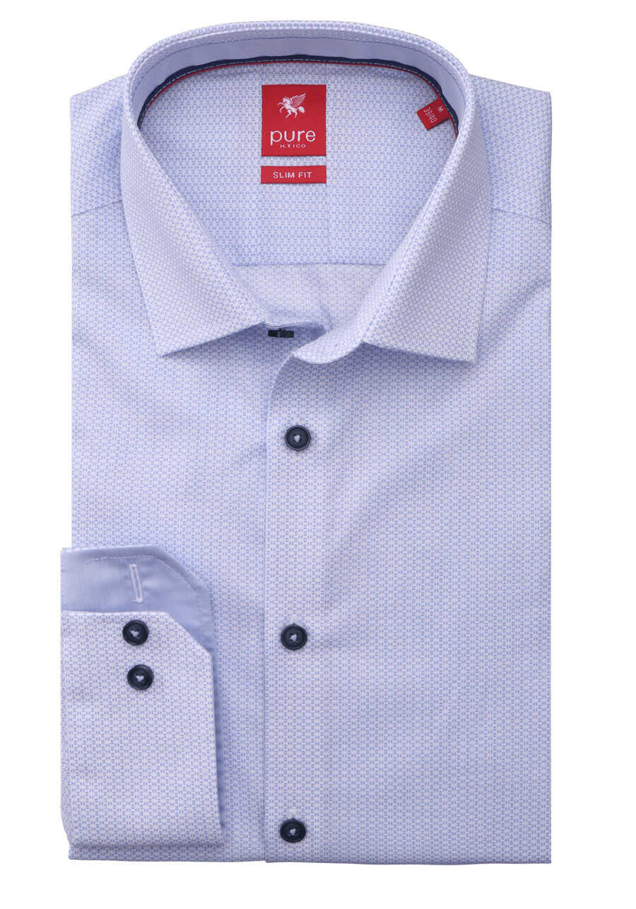 PURE Slim Hemd Langarm Haifischkragen Muster hellblau