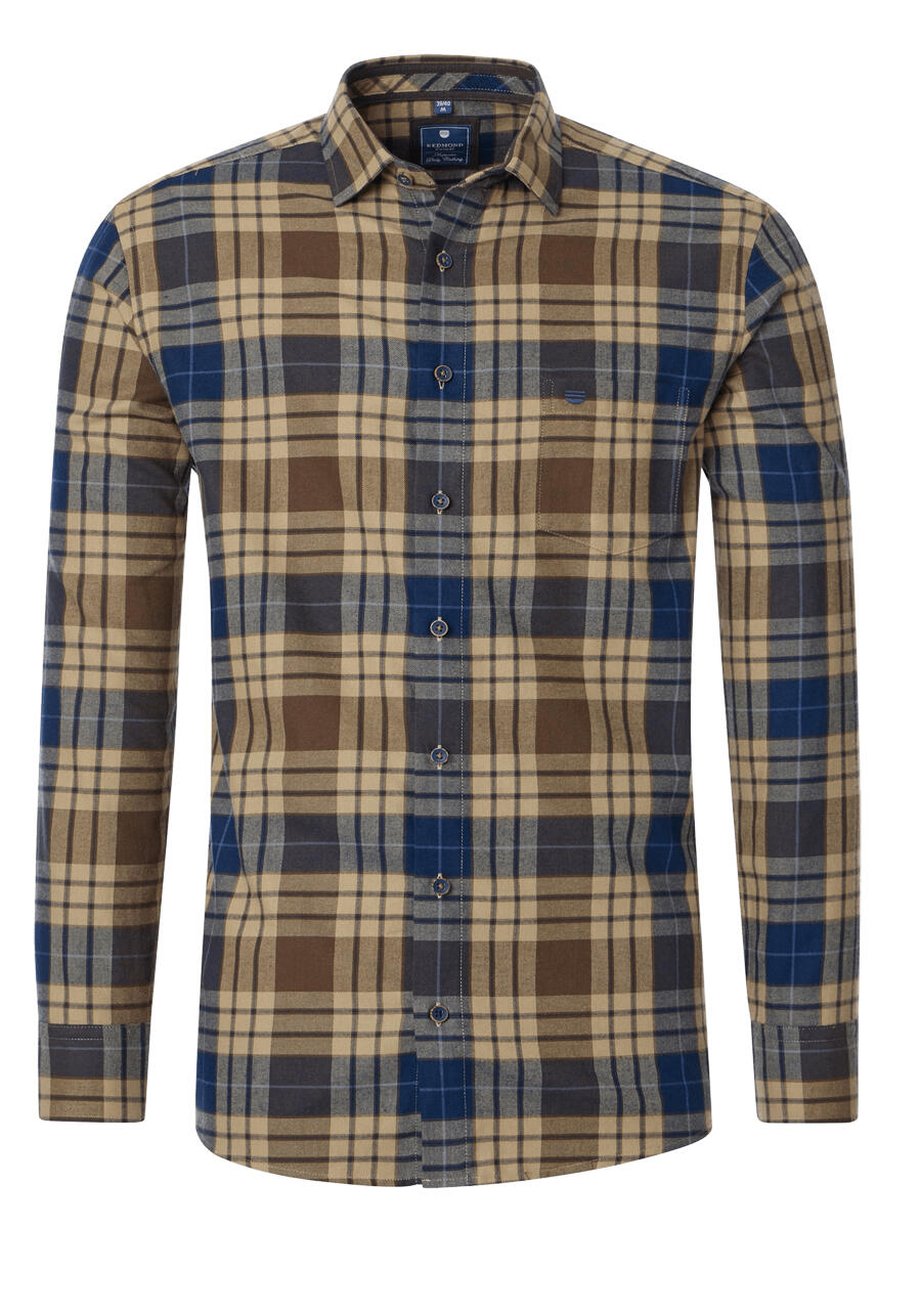 Produktbild fr 'REDMOND Casual Comfort Fit Hemd Langarm New Kent Kragen Flanell Karo braun'