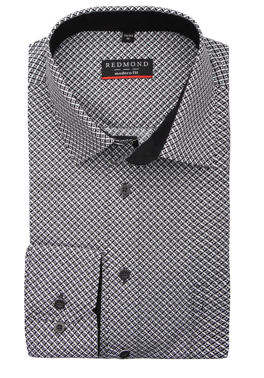 REDMOND Modern Fit Hemd Halbarm New Kent Kragen Muster schwarz