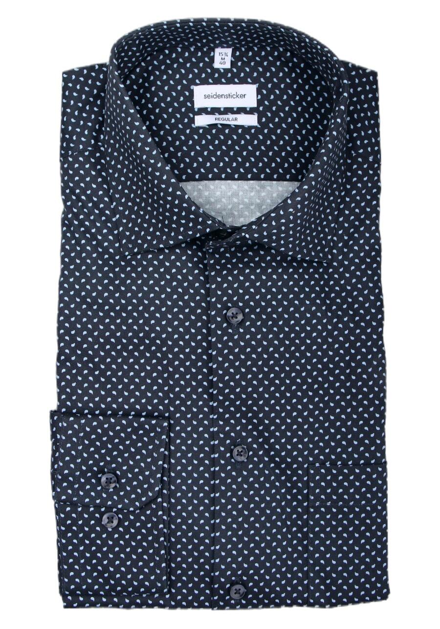 SEIDENSTICKER Regular Hemd Langarm Haifischkragen Twill Muster nachtblau