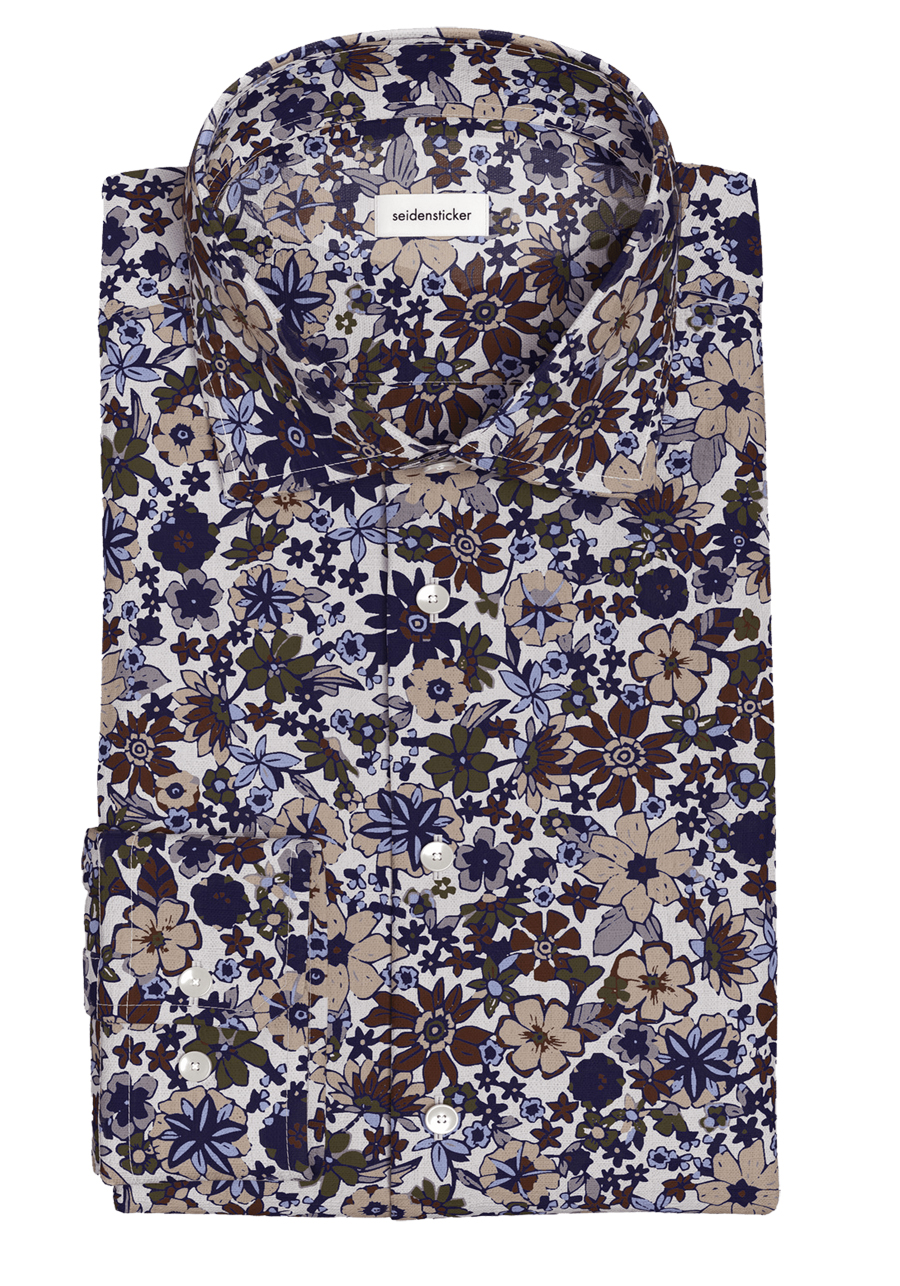 Produktbild fr 'SEIDENSTICKER Regular Hemd Langarm New Kent Kragen Leinen Blumenmuster braun'