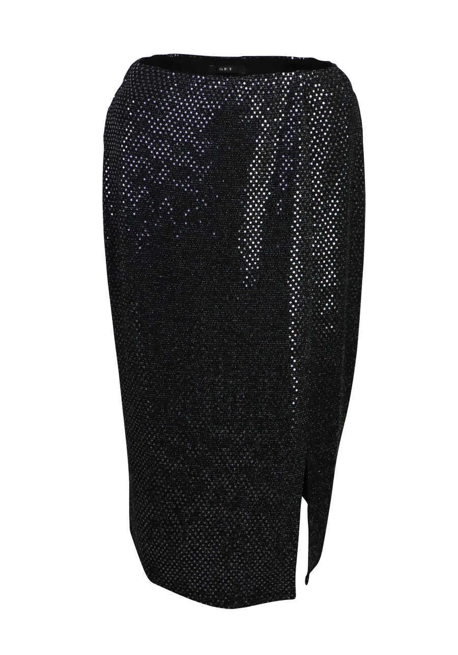 Produktbild fr 'SET Midi Rock Gummibund Seitenschlitz Glitter-Besatz schwarz'
