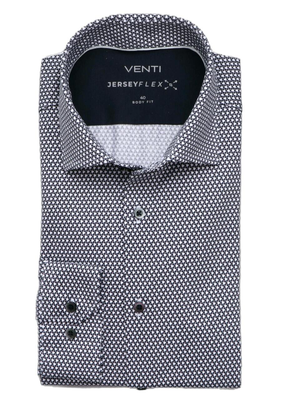 VENTI Body Fit Hemd Langarm Haifischkragen Jersey Stretch Muster blau