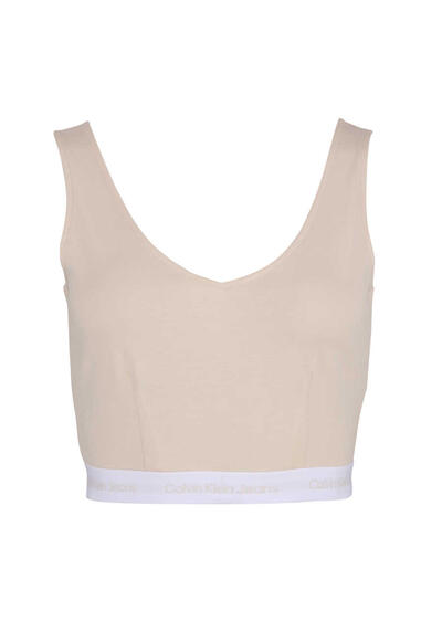 CALVIN KLEIN JEANS Cropped Top V-Ausschnitt Gummibund Label-Details beige preisreduziert