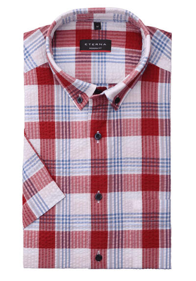 ETERNA Modern Fit Hemd Halbarm Button Down Kragen Seersucker Karo rot