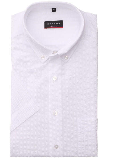 ETERNA Modern Fit Hemd Halbarm Button Down Kragen Seersucker wei
