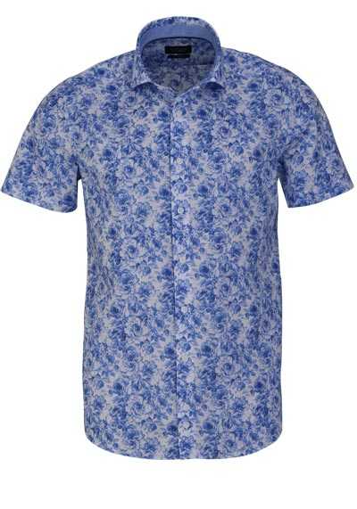 HATICO Regular Fit Hemd Halbarm New Kent Kragen Muster blau