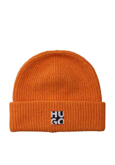 HUGO Mtze WOMEN_X Strick Kaschmir-Mix Logo-Emblem orange