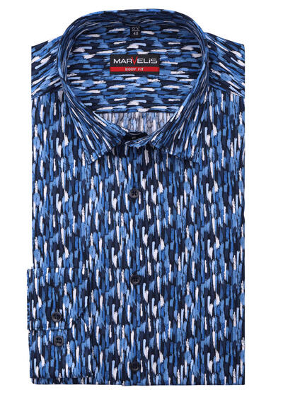 MARVELIS Body Fit Hemd extra langer Arm New Kent Kragen Muster blau