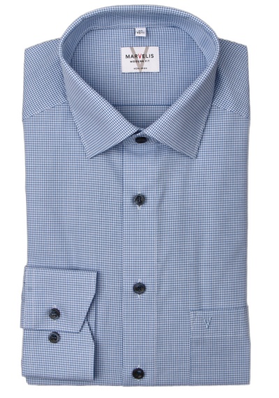 Produktbild für 'MARVELIS Modern Fit Hemd Langarm New Kent Kragen Karo mittelblau'