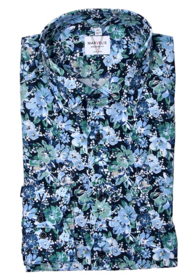 Produktbild für 'MARVELIS Modern Fit Hemd extra langer Arm New Kent Kragen Blumenmuster blau'