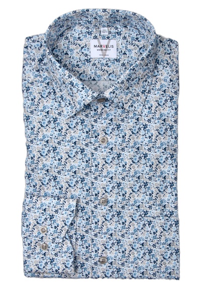 Produktbild für 'MARVELIS Modern Fit Hemd extra langer Arm New Kent Kragen Blumenmuster hellblau'